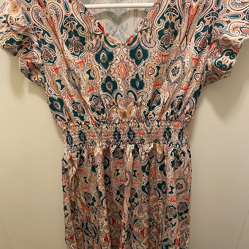 Women’s Paisley Smocked Waist Dress in Teal and Cream
